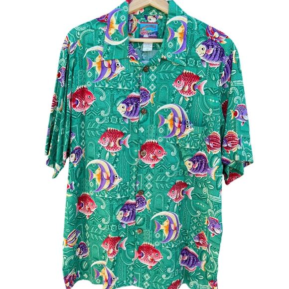 Vintage Joe Kealoha's Green Hawaiian Tropical Fish Button Up Shirt Large - Picture 1 of 5
